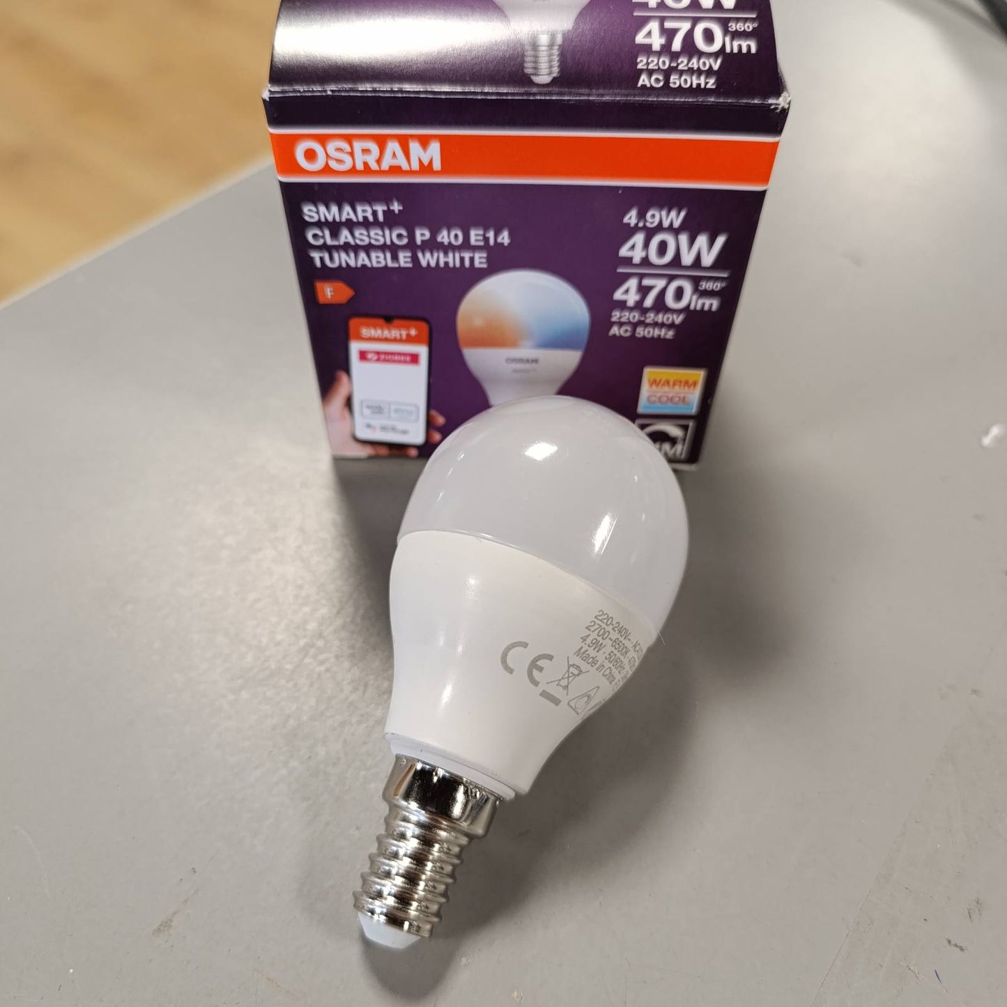 186180 - OSRAM Llampa LED Formë Mini Ball P40 E14, 4.9W, ZigBee 3.0, Ngjyra e Bardhë e Rregullueshme 2700-6500K, E Errësuar, Kontroll Nga Aplikacioni, Kompatibile me Alexa