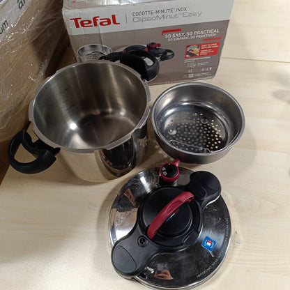 195039 - TEFAL - Tenxhere me Presion Clipso Minut Easy, për Material Çeliku Inox, me 5 Sisteme Sigurie dhe Mbyllje të Lehtë me Një Dorë, Ngjyra E Zezë, Kapaciteti: 6L