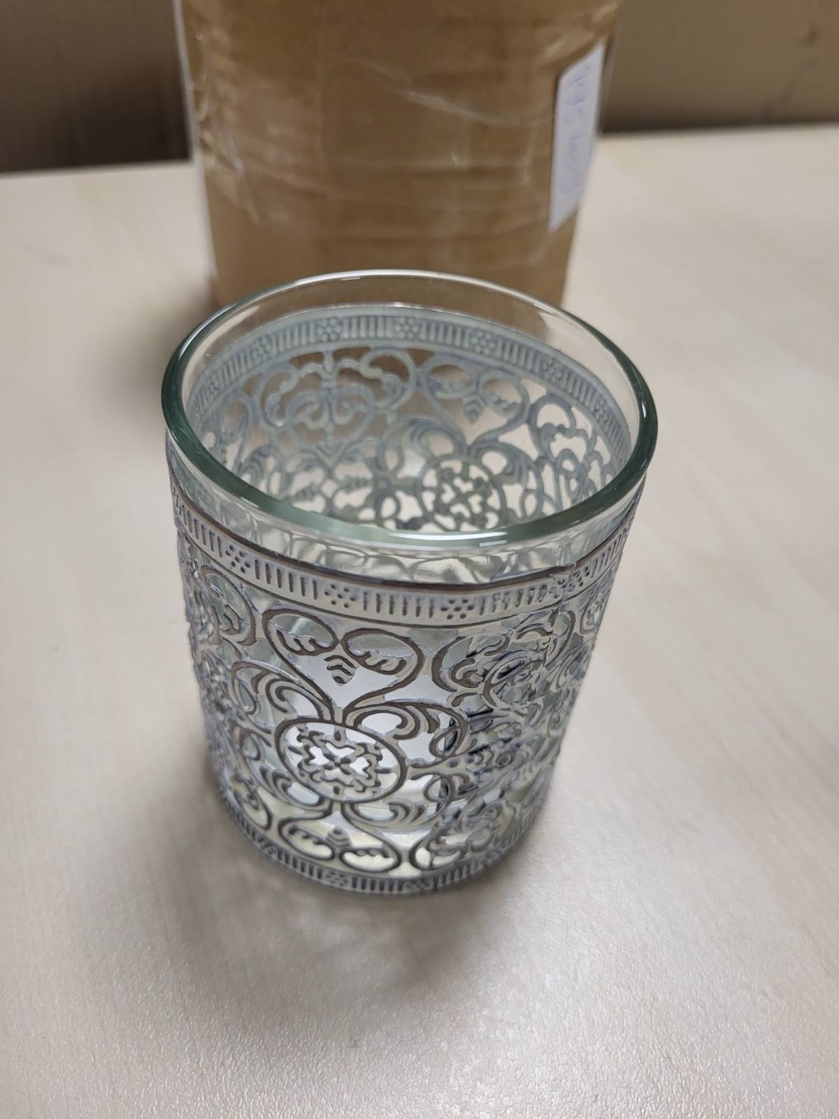195409 - BELLADÉCORA - Mbajtëse Çaji Prej Qelqi/Metali Argjendi Antike, 12x, Gjerësi 8cm x Thellësi 8cm