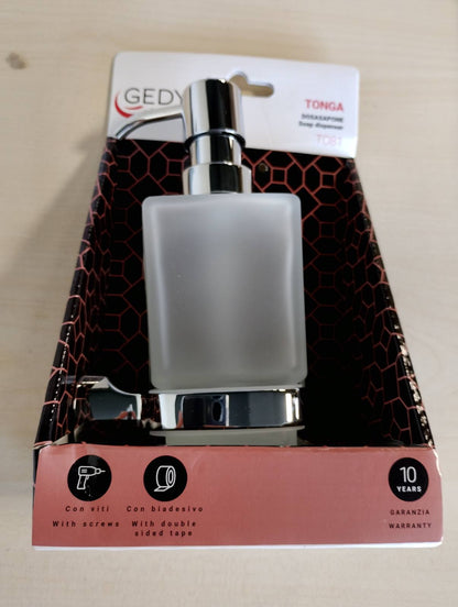 195884 - GEDY | Dozator Sapuni Tonga në Ngjyrë Krom, Materiale: Çelik Inox, Cromall dhe Qelq Sateni, Masa: 6.3x11.7x17.3cm, me Vidat ose Shiritin Ngjitës Dy- anësh, Kapacitet: 220ml