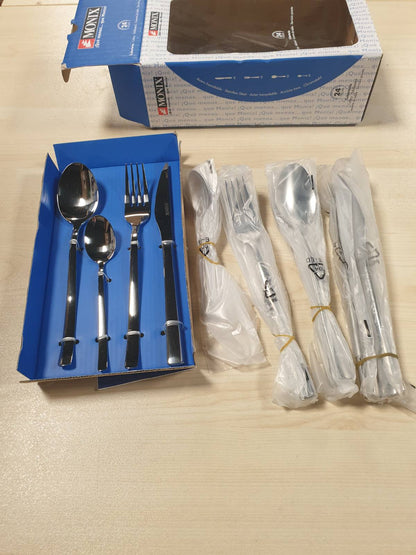 195893 - MONIX Génova - Set takëmesh prej Çeliku Inox 18/10 me 24 Pjesë, Përfshirë Thikë Bifteku, me Dizajn Modern dhe Avangard, Sipërfaqe e Lëmuar, Trashësi 2.5mm, për 6 Persona, Ngjyrë Argjendi