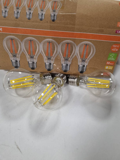 196858 - OSRAM Llampa LED me efikasitet të lartë, Klasa e Energjisë A, Pako prej 5 Llambave, Zëvendëson Llambat Inkandeshente 100W, të Bardha të Ngrohta, E27, Filament Qelqi