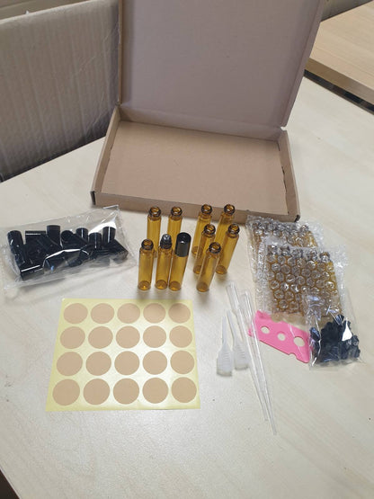 211514 - SHISHE QELQI - 20 Copë Shishe Roll-On për Vajra Esencialë, Ngjyrë Kafe, Bosh, 10 ml, të Rimbushshme për Kozmetikë, Parfume, Masazhe