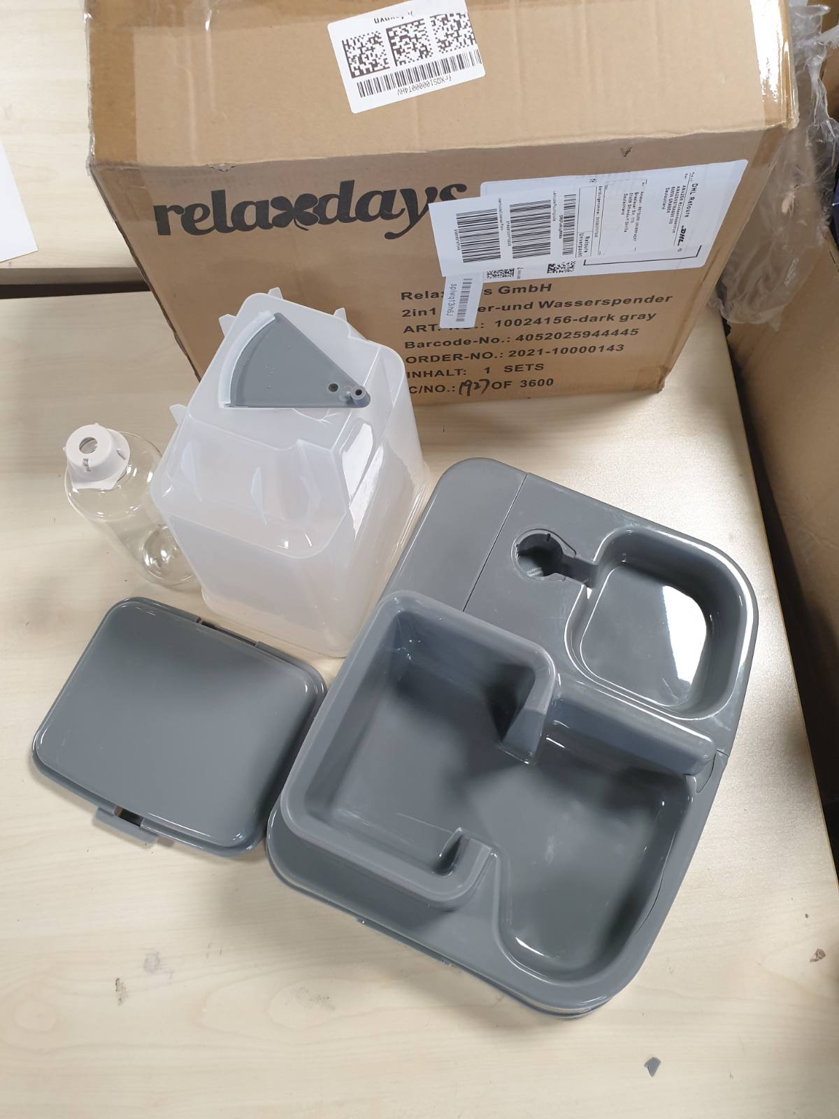214835 - RELAXDAYS Dispensues Uji dhe Ushqimi, Ushqyes Automatik për Mace dhe Qen, Shishe, Plastike, HBT 34x34.5x27.5 cm, Gri e Errët