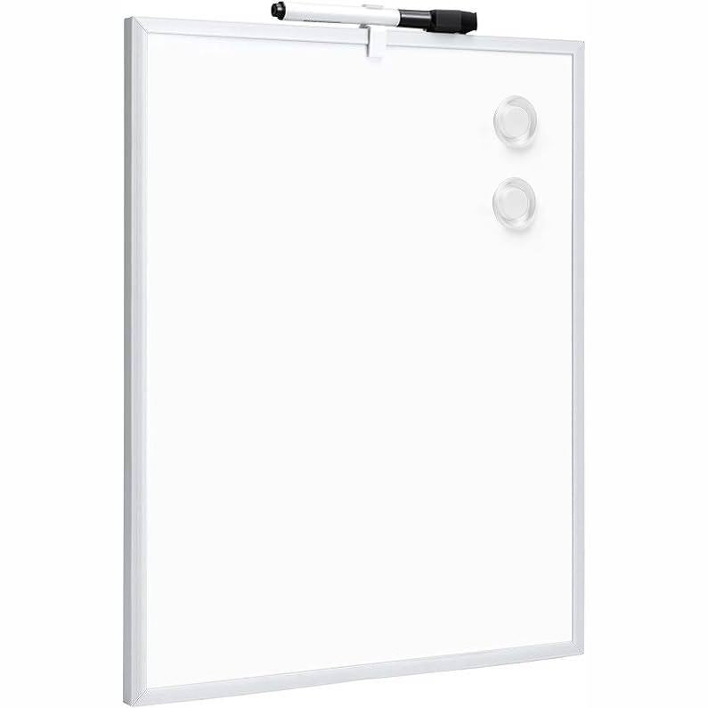 216884 - Tabela e bardhë magnetike Amazon Basics, për shkrim dhe fshirje të thatë, me kornizë alumini, për vendosje në mur me ngjitës, për shtëpi, zyrë dhe shkollë, 28 x 36 cm.