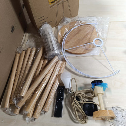217151 - YICAIZI Llambë dyshemeje me tripod LED, 12W, me telekomandë, llambë E27, Dru natyral
