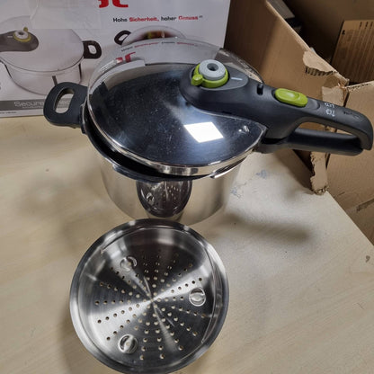 217201 - TEFAL SECURE 5 NEO - Tenxhere me Presion 6L + Shportë, Kursim Energjie deri në 50%, Gatim me Presion, 2 Programe, Sistem Sigurie me 5 Pika, I përshtatshëm për të Gjitha Sobat, Mund të lahet në lavastovilje