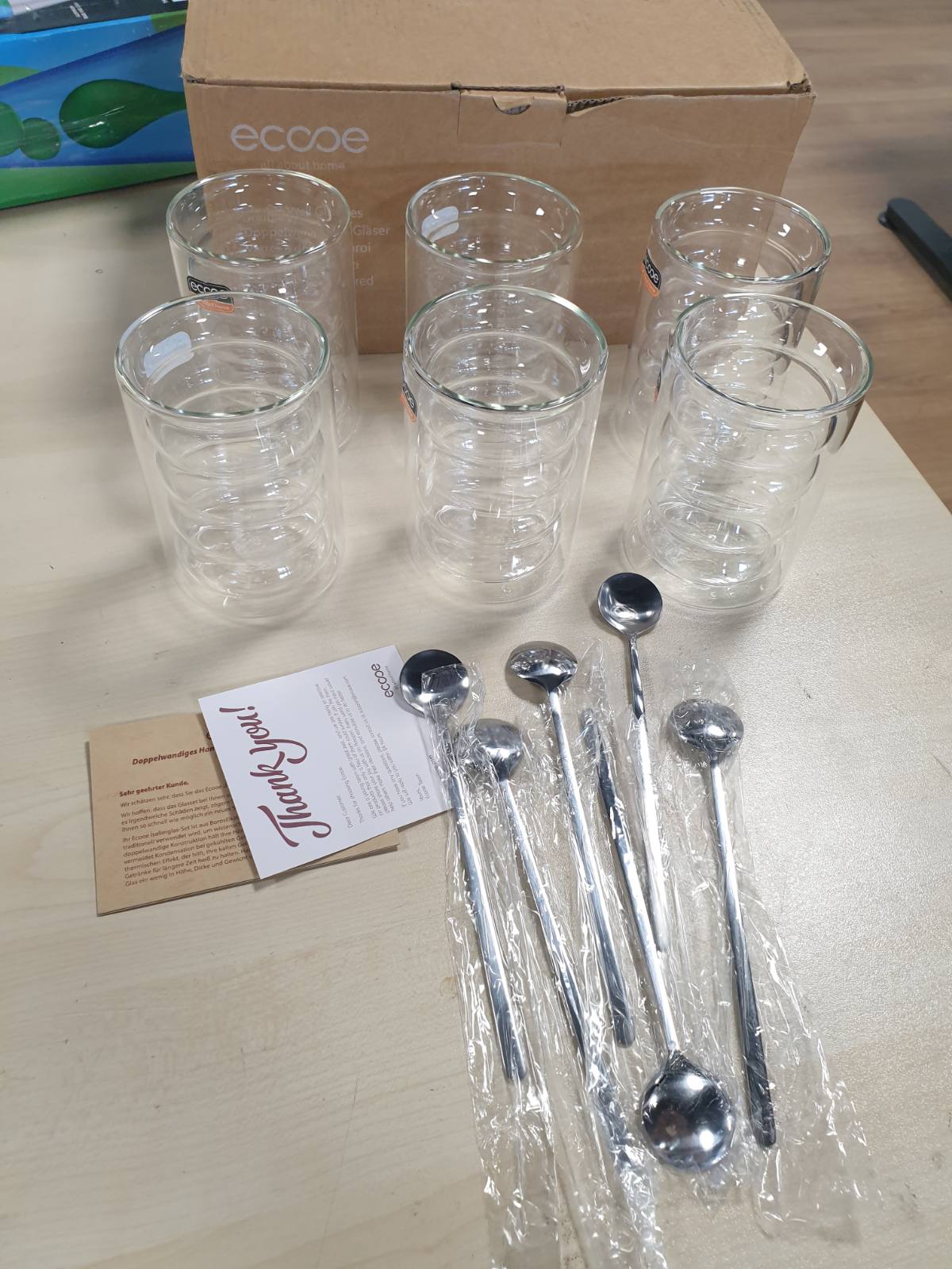 218376 - ecooe Filxhan kafeje me mur të dyfishtë 350ml, Set prej 6 gotash dhe lugësh për çaj Latte Macchiato, Filxhan qelqi për çaj, qumësht, lëng