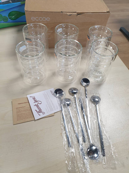 218376 - ecooe Filxhan kafeje me mur të dyfishtë 350ml, Set prej 6 gotash dhe lugësh për çaj Latte Macchiato, Filxhan qelqi për çaj, qumësht, lëng