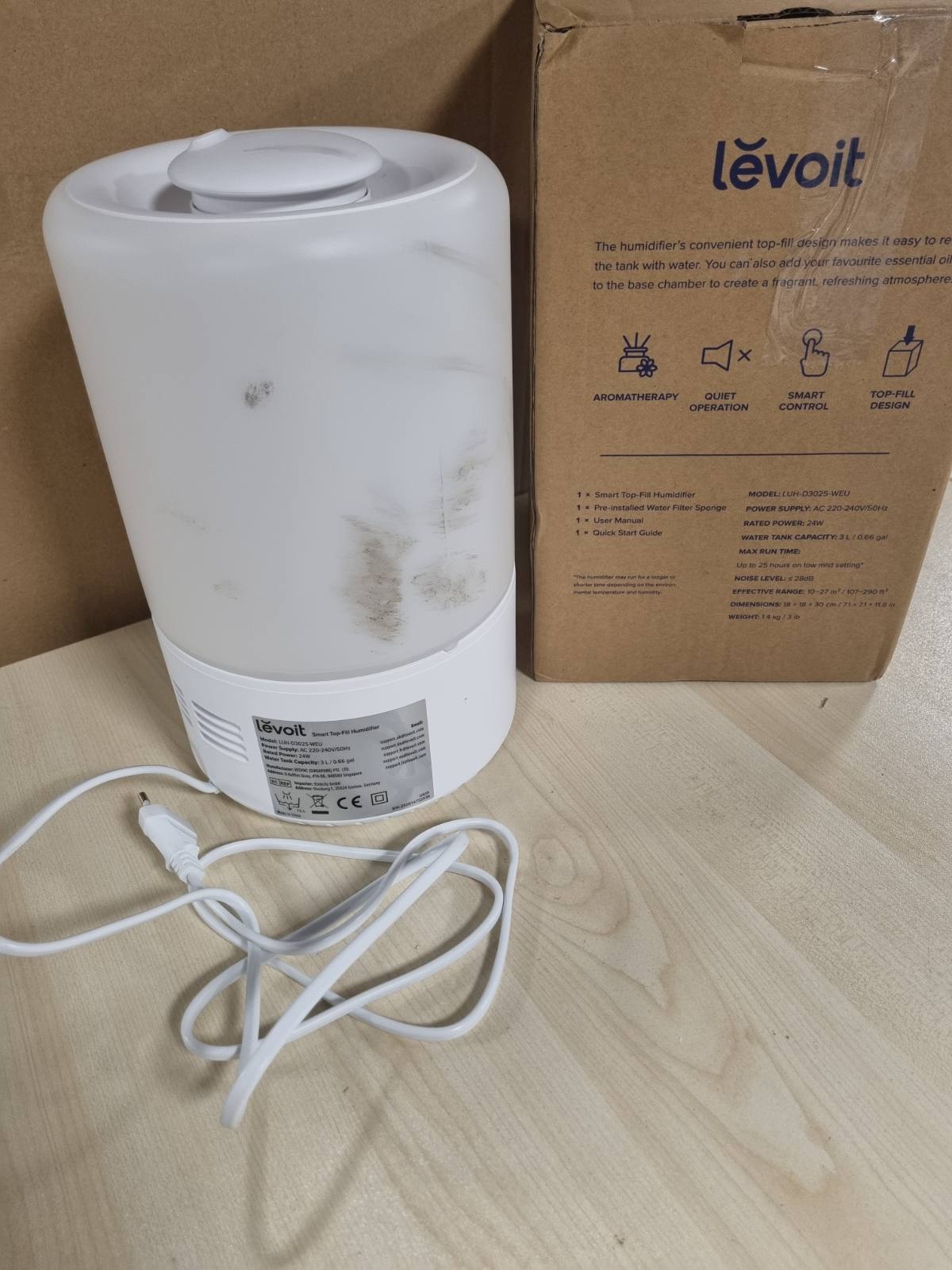 221288 - LEVOIT - Lagështues ajri Smart Baby, Mbushje nga Sipër, 3L, me Alexa dhe Aplikacion, Mjegull dhe Difuzues Ftohës Ultrasonik, 19dB i Qetë, Kohëmatës, Pa BPA, Dual 200s, i Bardhë