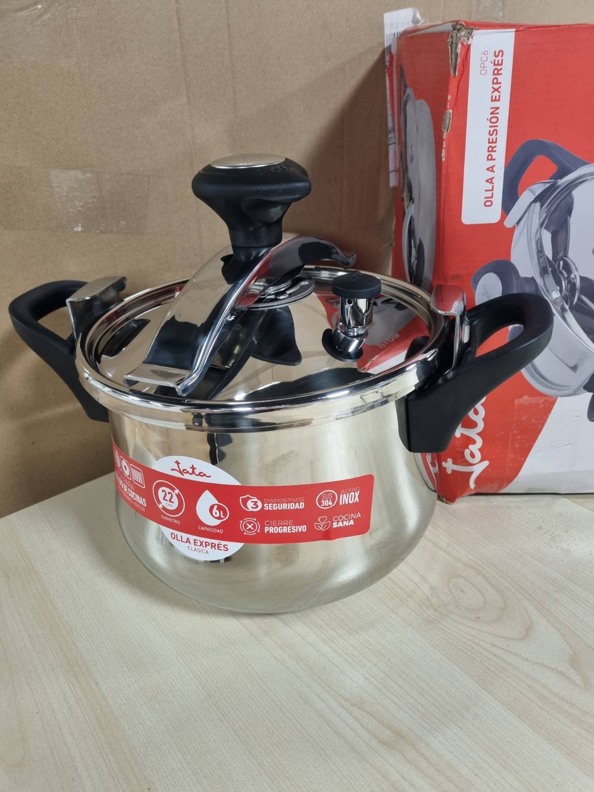 221318 - JATA HOGAR OPC6 - Tenxhere me presion të shpejtë prej çeliku inox, kapacitet 6 litra, 3 sisteme sigurie, i përshtatshëm për të gjitha llojet e sobave