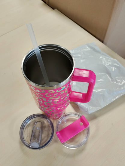 223707 - FECBK Filxhan termos me kashtë dhe dorezë, 1.2L, 100% i papërshkueshëm nga uji, Mban pijet të ngrohta për 12 orë / të ftohta për 34 orë, ngjyrë leopardi rozë e nxehtë