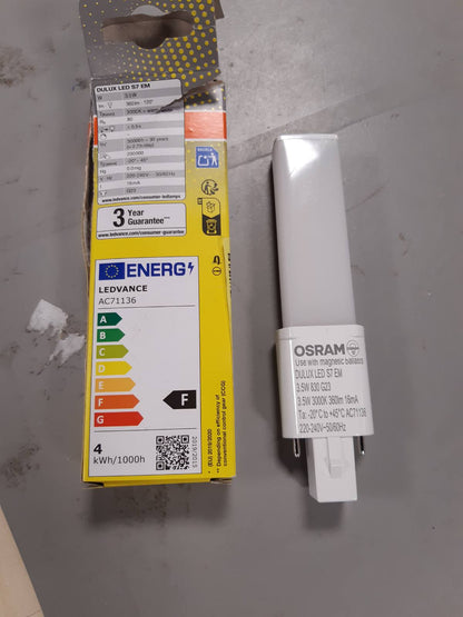 225025 - OSRAM DULUX LED S7 EM, G23, 3.5W, 360lm, 3000K, dritë e bardhë e ngrohtë, zëvendësim LED për llambat fluoreshente kompakte me bazë G23, jetëgjatësi e madhe, pa kohë ngrohjeje