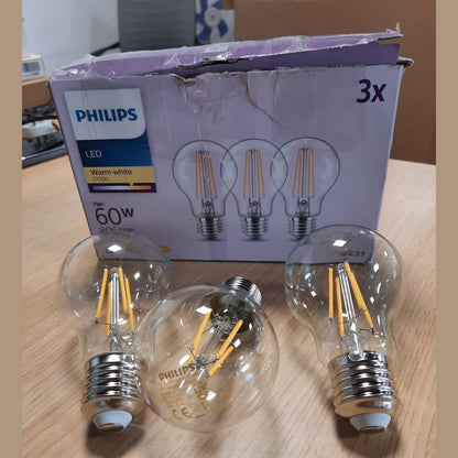 234499 - PHILIPS Llambë LED Classic A60, 60 Vat, Transparente, Bazë E27, Dritë e Bardhë e Ngrohtë 2700 K, Pako me 3 Llamba