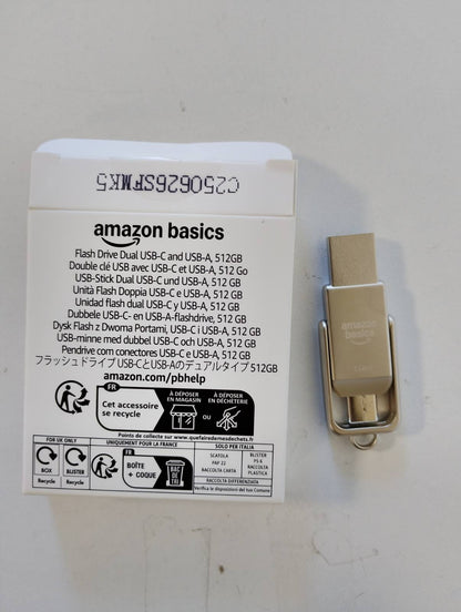 266392 - AMAZON BASICS Njësi flash USB, USB me dy porta (USB-C dhe USB-A), 512 GB, ngjyrë shampanje argjendi