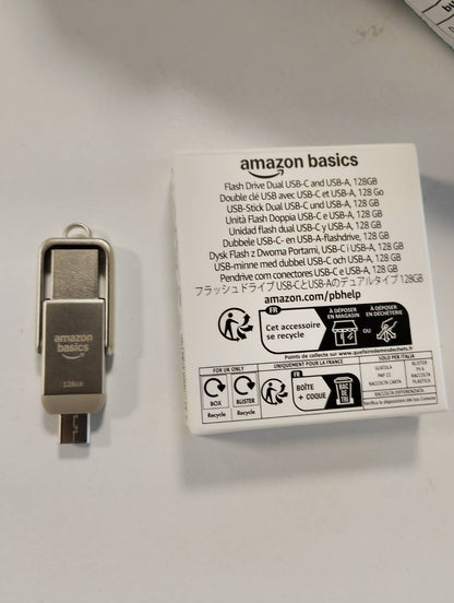 266922 - AMAZON BASICS Njësi flash USB, 128 GB, USB-C dhe USB-A, ngjyrë shampanje argjendi