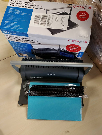 268008 - GENIE Makinë Lidhjeje me Shpim dhe Spirale CB 850, deri në DIN A4, përfshin set aksesorësh me 75 pjesë, 350 fletë, krehëra lidhjeje plastike, makinë shpimi me 4 vrima