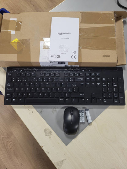 268595 - AMAZON BASICS Kombinim tastiere dhe mausi pa tel, madhësi të plotë, marrës USB 2.4 GHz, FR Layout, Noir