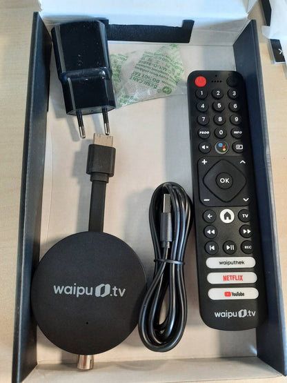 272864 - waipu.tv HYBRID Stick, përfshin telekomandë me butona zgjedhjeje të shpejtë, shikoni televizor nëpërmjet Wi-Fi, DVB-T2 dhe DVB-C, HDMI, 4K, HDR