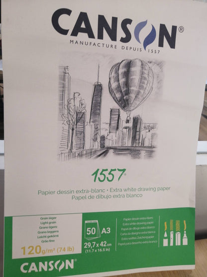 274117 - CANSON Letër Skicimi 1557®, e ngjitur nga sipër, DIN A3 - 29.7 x 42 cm, 50 fletë, 120 g/m², me kokërr të lehtë