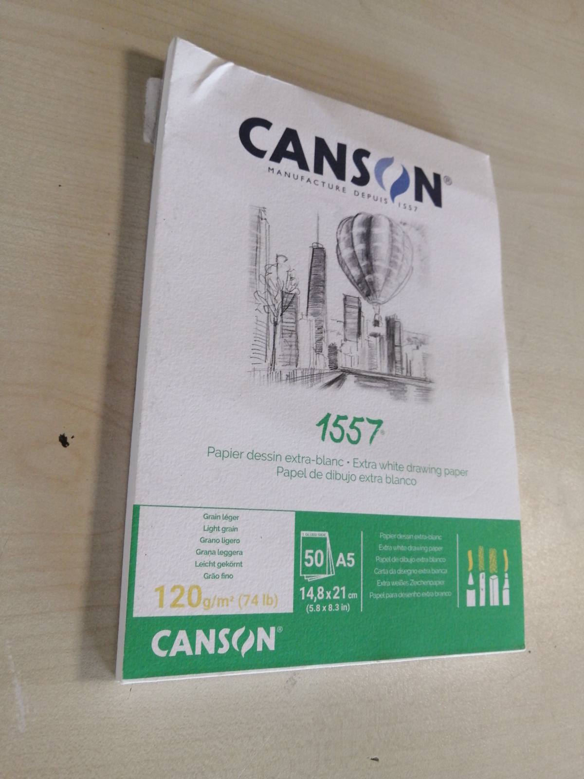 274728 - Canson Carta 1557 Bllok letre vizatimi me 50 fletë, 120 G, me kokrriza të çelëta, format A5, ngjyra: e bardhë, e ngjitur në 1 anë