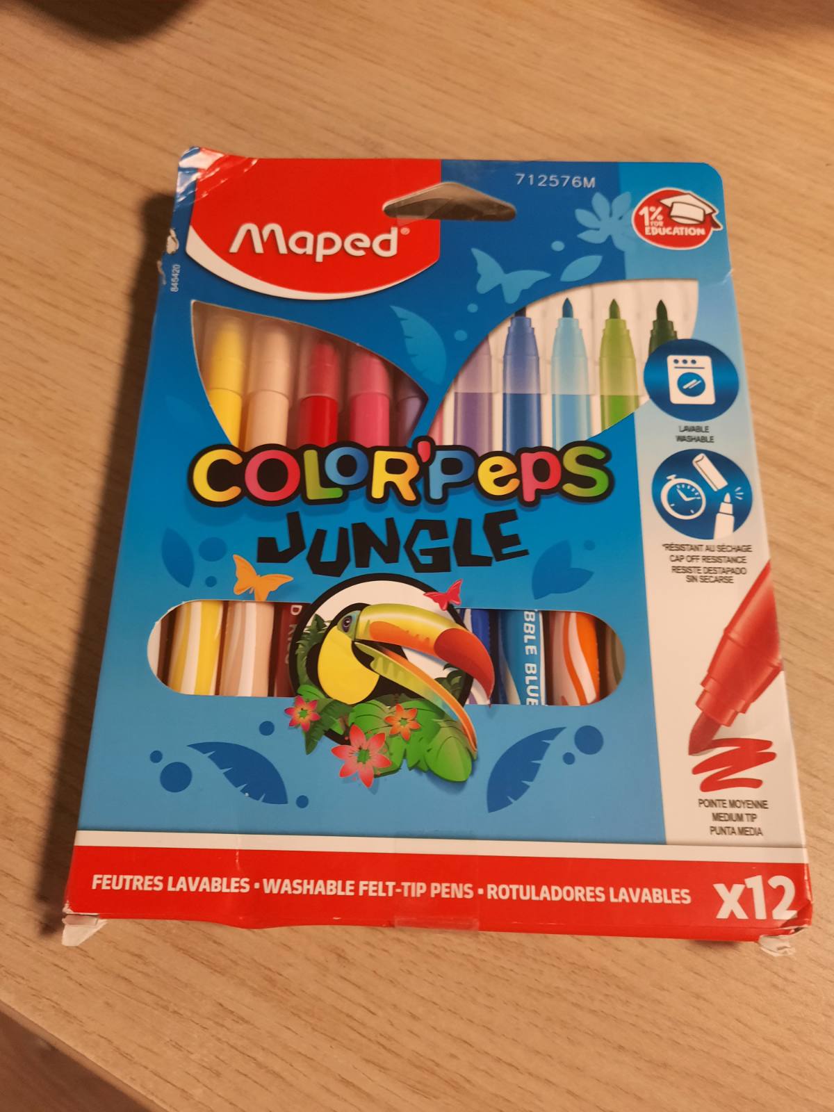 274761 - MAPED Shënjues Jungle Color'Peps, 12 Shënjues Ngjyrosës, Të lahet dhe rezistent ndaj thatësisë, Majë e bllokuar mesatare, Ngjyra të gjalla, Ideale për furnizime për kthim në shkollë, Qese kartoni