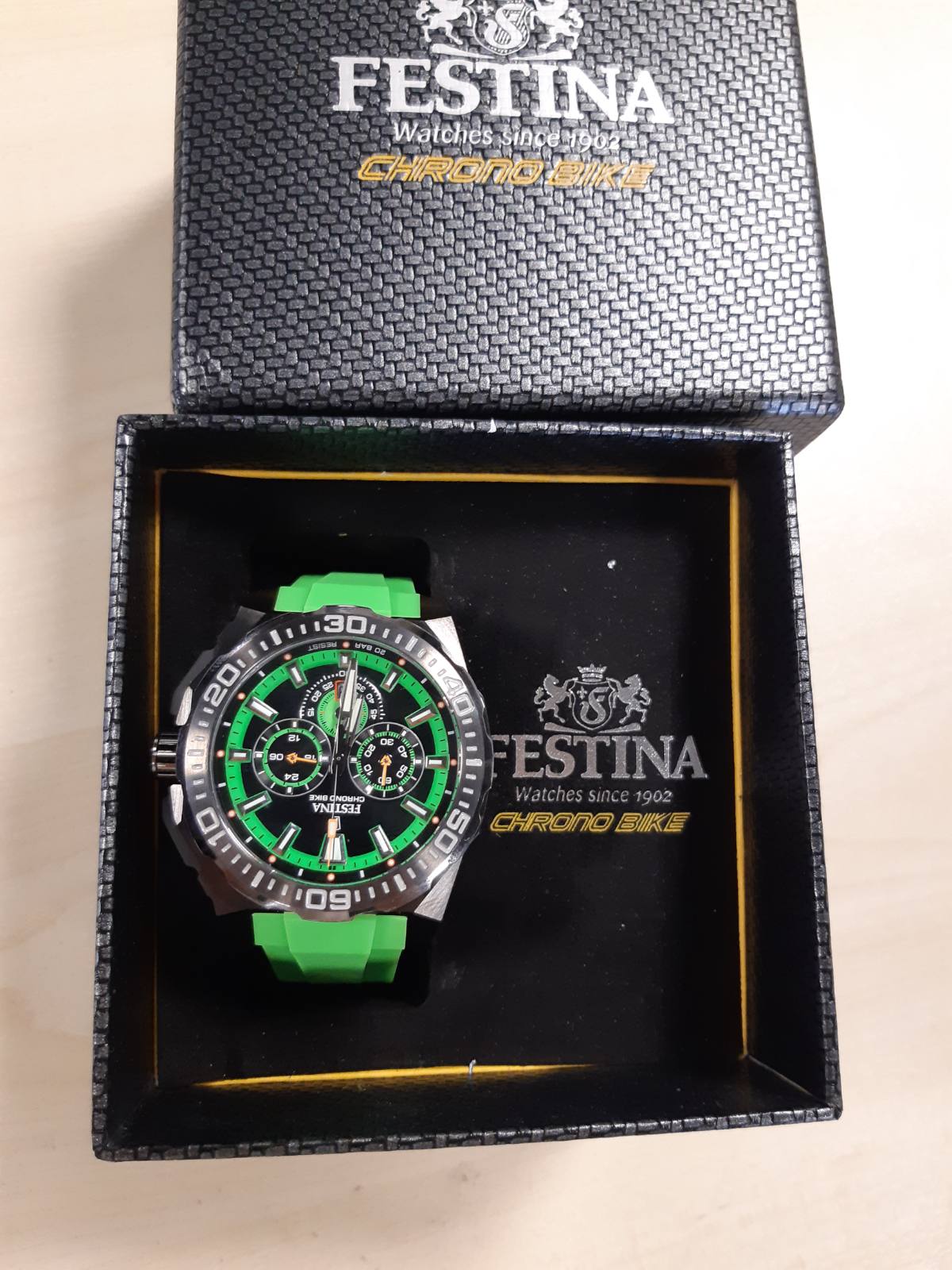 276041 - FESTINA Orë analoge për meshkuj, Rrip gome jeshil, Mekanizëm kuarci, Kronograf, Datë, 20 ATM, F20725/3 Chrono Bike