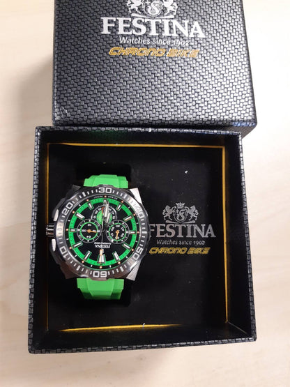 276041 - FESTINA Orë analoge për meshkuj, Rrip gome jeshil, Mekanizëm kuarci, Kronograf, Datë, 20 ATM, F20725/3 Chrono Bike