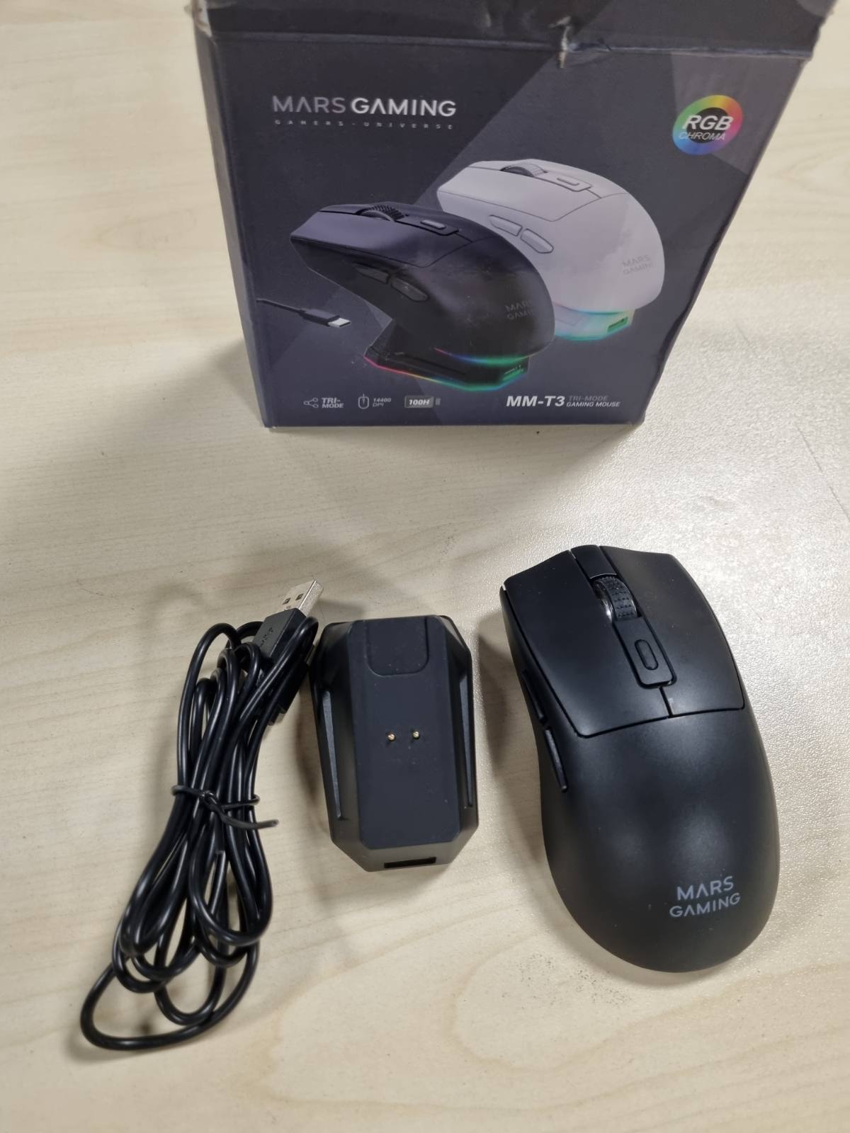 276771 - MARS GAMING MM-T3 Maus pa Tel Ultra i Lehtë, Bluetooth 5.0 + 2.4GHz + Kabllo, Sensor Optik 14400 DPI, Bazë Karikimi Magnetik RGB, Çelësa Huano, Ngjyrë e Zezë