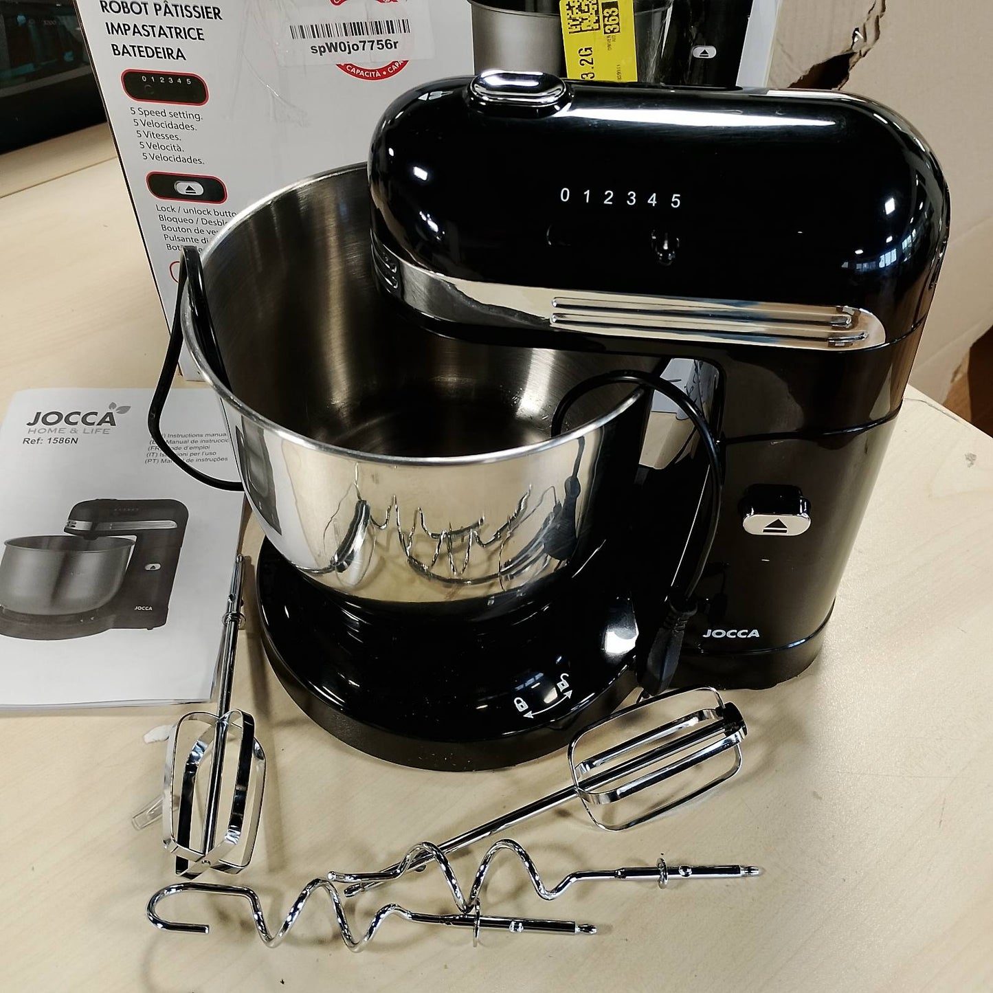 277396 - JOCCA Mikser Kuzhine 350W, Rrotullim Automatik me Fërkim, 5 Shpejtësi, Tas Çelik Inoks 3.5L, Grep Brumi, Rrahës Brumi, Emulgues, Shkopinj Përzierjeje Kromi dhe Mikser, i Zi
