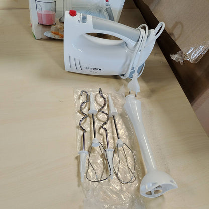 277421 - BOSCH Mikser dore MFQ3540, 2 rrahëse, 2 grepa brumi prej çeliku inox, i sigurt për larje në makinë larëse enësh, 5 shpejtësi, blender zhytës, gotë përzierjeje, 450 W, e bardhë