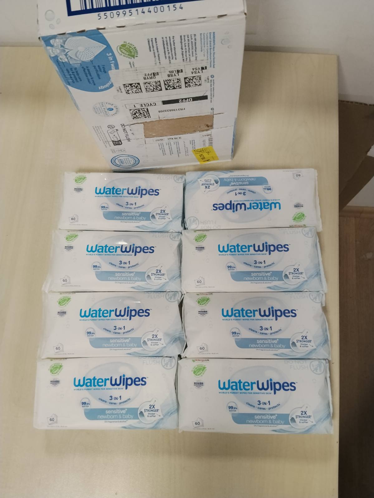 289795 - WATERWIPES Peceta Sensitive+ për të porsalindur dhe bebe, 540 peceta (9 pako), 99.9% ujë, pa aromë