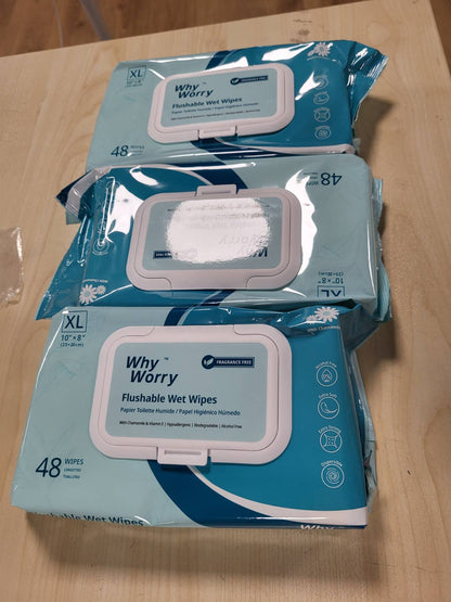 290426 - Letër higjienike WhyWorry XL e lagësht 20x25 cm për të rritur, Peceta pastrimi shumë të trasha që mund të hidhen në ujë, kamomil dhe vitaminë E, 100% me bazë bimore, pa aromë, 144 copë (3 pako me nga 48 copë)
