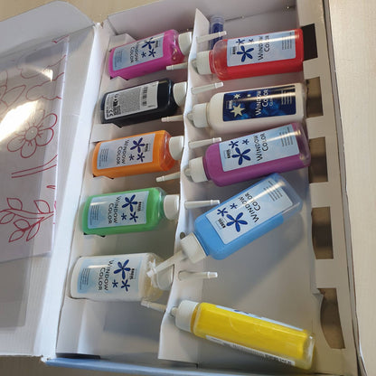 293109 - KREUL 42752 Set bojërash për dritare, 10 ngjyra x 80 ml, përfshin bojë të zezë me kontur dhe bojë që shkëlqen në errësirë, për fëmijë, fletë metalike, rruaza qelqi