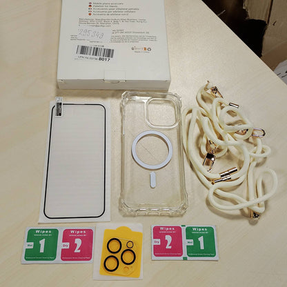 295349 - GUtttGU Rrip i shkëputshëm telefoni për iPhone 15 Pro Max, rrip i gjatë bezhë për qafën, mbrojtës transparent telefoni i pajtueshëm me MagSafe