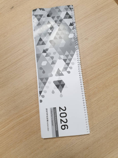 295444 - ZETTLER Kalendar Tavoline i Zi 2026, 30x10 cm, Kalendar Javor me 1 Javë në 2 Faqe, 3-Gjuhësh, Lidhje Spirale, Orar 7:00–19:00