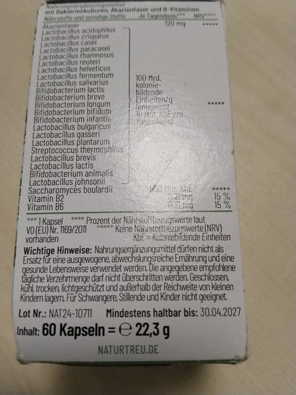 298284 - NATURTREU Kompleksi i Kulturave Florazauber, 60 kapsula, i veshur me enterikë dhe vegan, 23 lloje bakteriale pa inulinë.