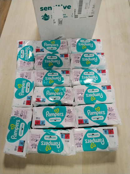298287 - PAMPERS Peceta për fëmijë Sensitive, 15 pako me 80 peceta, 1200 peceta, pastrim dhe mbrojtje e butë e lëkurës 2 në 1