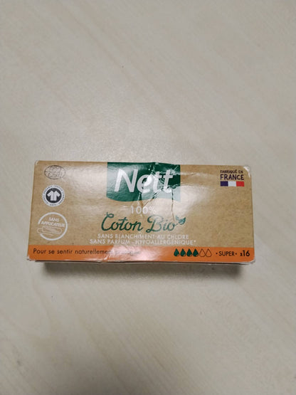 298911 - NETT – Tampona Super prej Pambuku 100% Organik pa Aplikator (Kuti me 16 copë) – Tampona pambuku të pazbardhura, pa klor dhe pa aromë – Hipoalergjike me brazda të lakuara