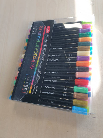 299757 - DIBONIUR Stilolapsa akrilikë me majë floriri, 36 ngjyra, Shënues ngjyrosjeje për të rritur, Shënues akrilikë me dy maja (të holla dhe të mesme), Shënues me bojëra uji për ngjyrosje, kaligrafi, vizatim, dru, kanavacë, xham, gur