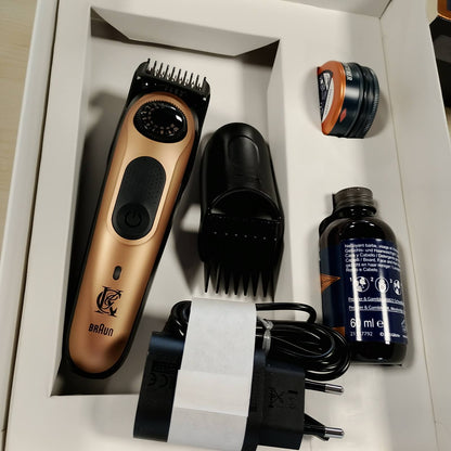 302811 - KING C. GILLETTE Prerës Elektrik për Mjekër Pro për Burra, Set Dhuratë, Prerës Preciz me Rrota 40 Gjatësi, Larës Mjekër Mini 60 Ml, Balsam Mjekër Mini 25 Ml