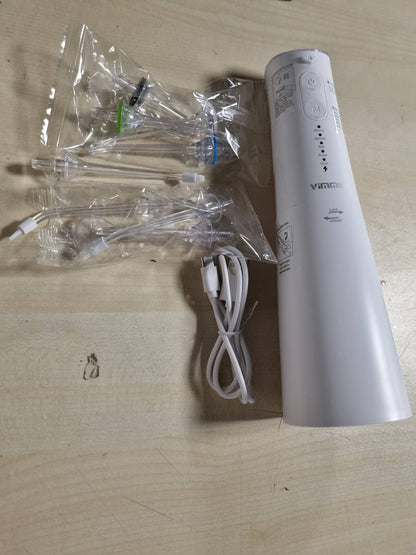 305977 - VIMMK Ujitës elektrik oral pa tel me 5 mënyra dhe 8 gryka, i rikarikueshëm USB-C, i papërshkueshëm nga uji IPX7, rezervuar uji 300 ml (i bardhë i çelët)