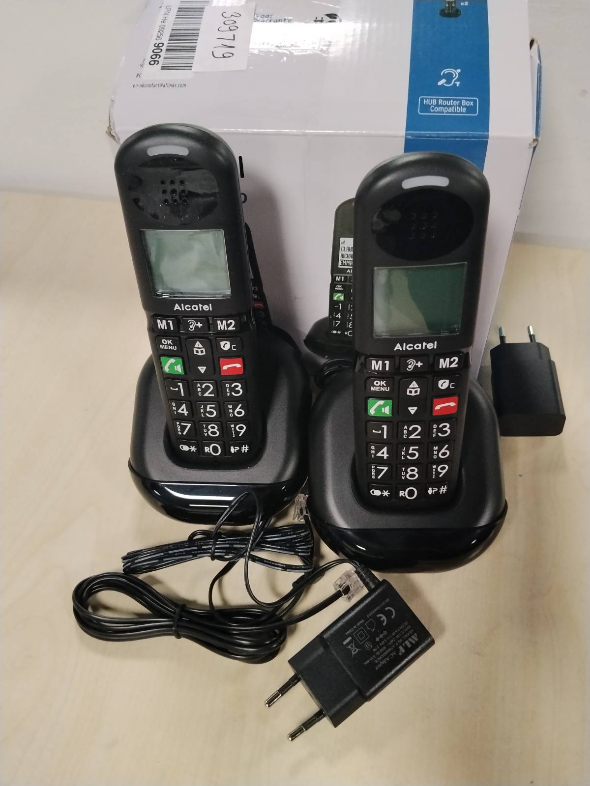 309719 - ALCATEL XL685 DUO, Telefon pa tel DECT për të moshuar, Madhësia XL, Ekran grafik me lexueshmëri të lartë, Butona të mëdhenj, Përforcim audio, Pa duar, Bllokim thirrjesh, 2 aparate, i zi