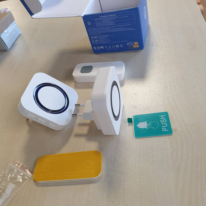 313587 - SURFOU Zilja e jashtme pa tel, e papërshkueshme nga uji, komplet zilesh elektronike me rreze 400 metra, 55 melodi, 5 nivele volumi, tregues LED blu (i bardhë, 2 marrës + 1 transmetues).