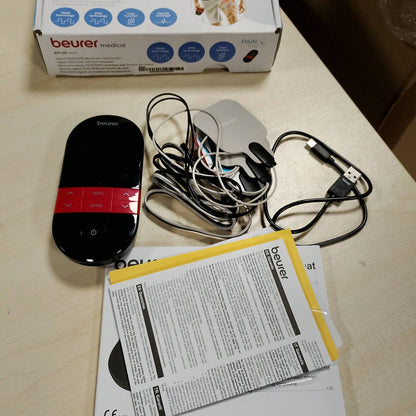 315619 - BEURER Pajisja dixhitale TENS/EMS EM 59 Heat, 4-në-1 për terapi dhimbjeje, stimulim muskujsh, masazh dhe terapi me nxehtësi, përfshin 4 elektroda dhe bateri.