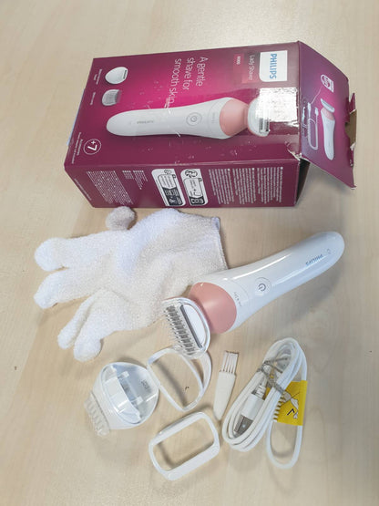 315858 - PHILIPS Makinë rroje Lady Shaver Series 6000, BRL146/00, pa tel, 6 aksesorë, e bardhë/rozë, për eksfolim trupi dhe prerje bikini