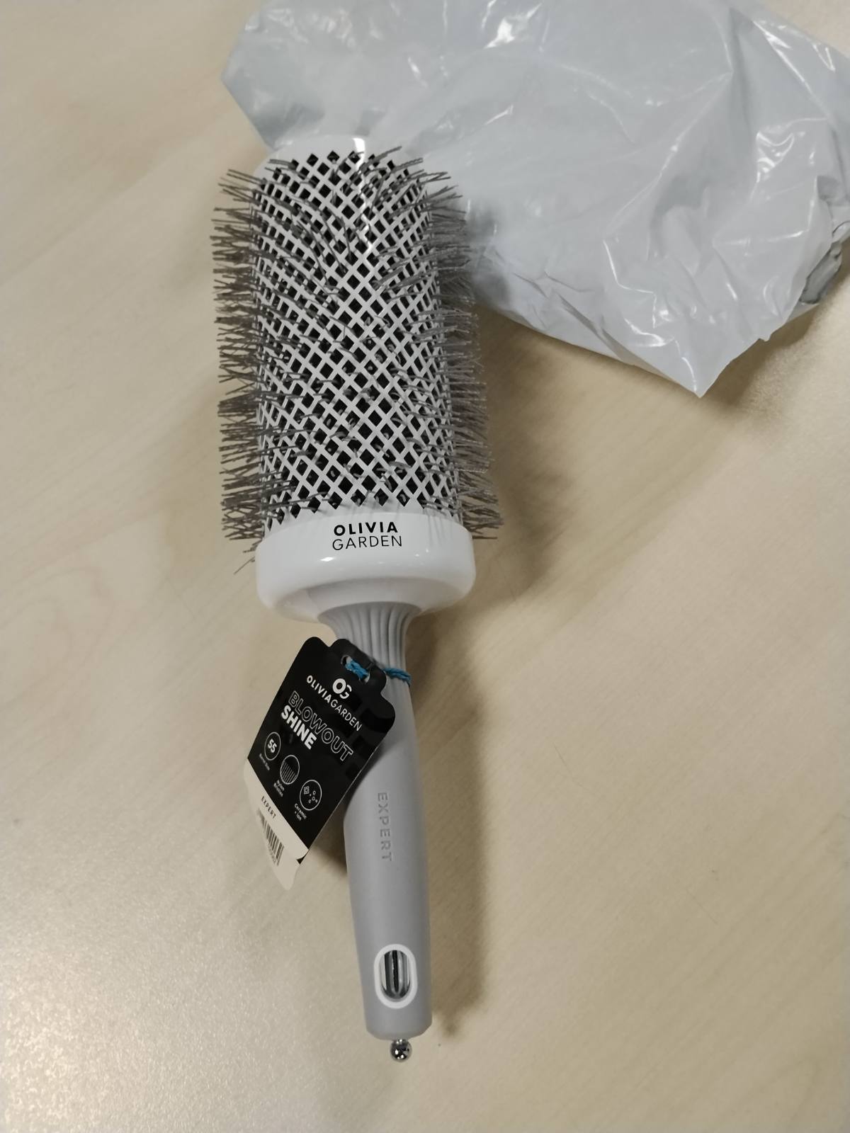 316839 - OLIVIA GARDEN Furçë Expert Blowout Shine, e bardhë dhe gri, 55 mm, furçë qeramike e rrumbullakët antistatike për floke me shkëlqim