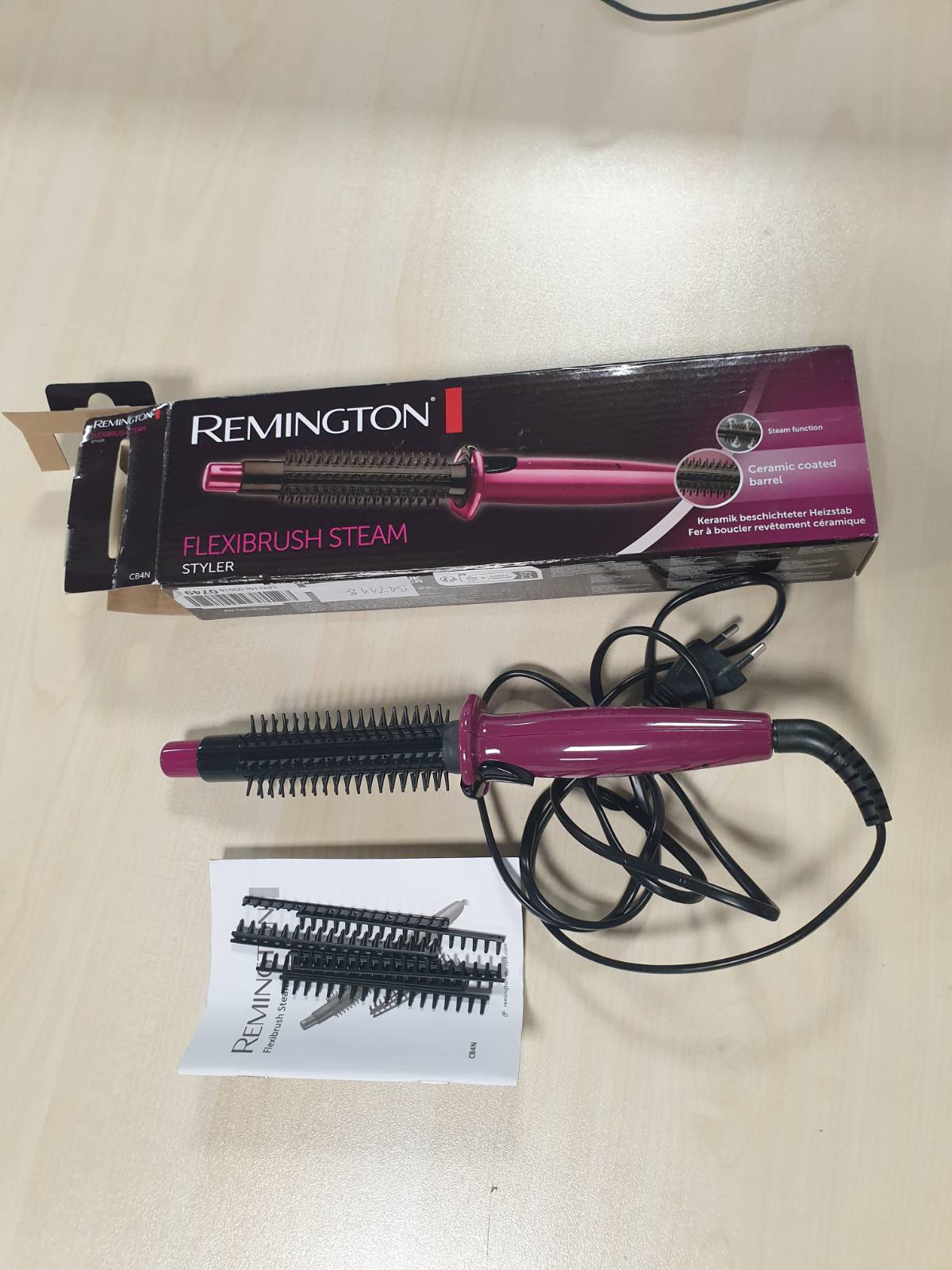 317118 - REMINGTON Furçë me ajër të nxehtë (Funksion avulli për stilim të butë) Furçë e rrumbullakët (Shufër ngrohëse me veshje qeramike, 2 rreshta qimesh me gjatësi të ndryshme, stilues për volum, hekur kaçurrelash) CB4N