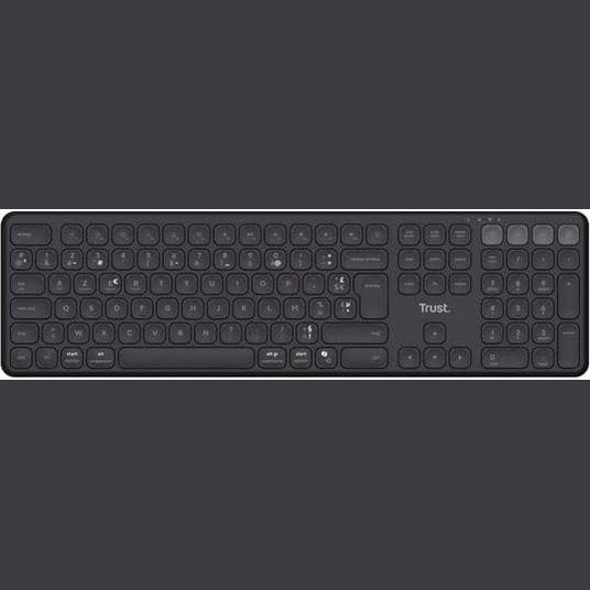 295202 - TRUST Tastierë Bluetooth pa tel Vaiya + 2.4GHz AZERTY për frëngjisht, tastierë Bluetooth e rikarikueshme për shumë pajisje me tastierë numerike, 55% plastikë e ricikluar, Windows iOS iPadOS macOS Android, e zezë