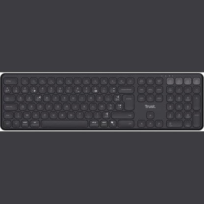295202 - TRUST Tastierë Bluetooth pa tel Vaiya + 2.4GHz AZERTY për frëngjisht, tastierë Bluetooth e rikarikueshme për shumë pajisje me tastierë numerike, 55% plastikë e ricikluar, Windows iOS iPadOS macOS Android, e zezë